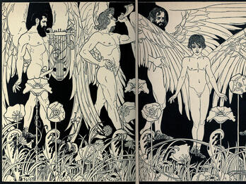 Illustration of angels among flowers with shofar and biblical lyre.