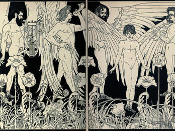 Illustration of angels amongst flowers with shofar and biblical lyre.