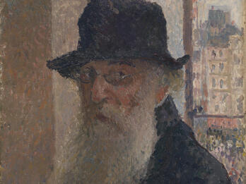 Self-Portrait Portrait painting of bearded man in hat and glasses, and cityscape visible through window behind him.