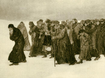 Exile Painting of figures in coats, scarves, and hats walking in a crowd.