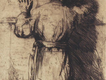 Etching of figure facing a wall.