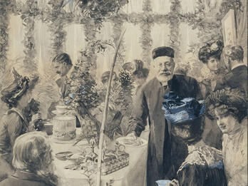 Painting of several well-dressed figures seated at tables in an interior space decorated with vines.