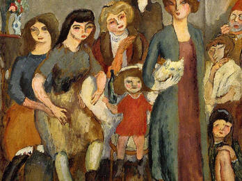 Painting of several women facing viewer, and cherub overhead.