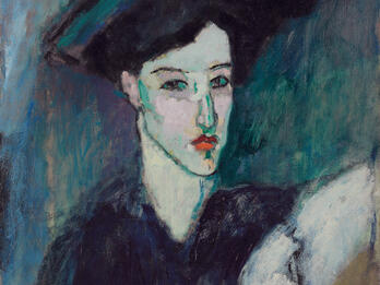 Painting of figure facing viewer and wearing large hat.