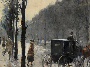 Painting of city street, with woman crossing street and wagon and horse in center.