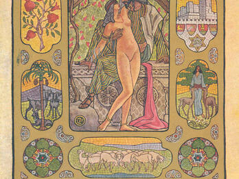 Illustrations to Song of Songs (4:1–6) Illustration of nude woman embraced by clothed, turbaned man, surrounded by border of geometric shapes, animals, cityscapes, and plants, and Hebrew text on the bottom.