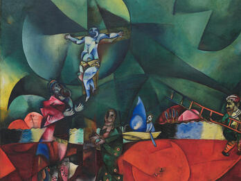 Calvary Painting of man on cross surrounded by geometric shapes and two figures in foreground.