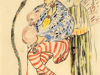 Abstract illustration of figure charming a snake while three figures observe in the background.