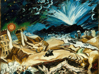 Painting of sagging buildings, uneven ground, and an explosion in the background.