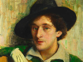 Painting of man in hat holding palette and looking at viewer.