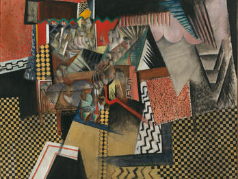 Chinese Restaurant Abstract painting of fragmented forms and patterned sections, some with a checkered pattern.