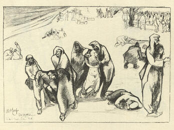La tragedia della fame (The Tragedy of Hunger) Drawing of gaunt figures walking together in small groups in large open space.