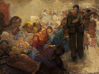 Painting of men, women, and children crowded together.