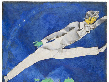 Painting of stylized figure in profile leaping through the air over rooftops.