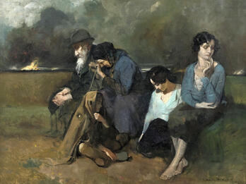 Survivors of the Pogrom Painting depicting four despondent men and women seated beneath a dark sky while a fire rages in the distance.