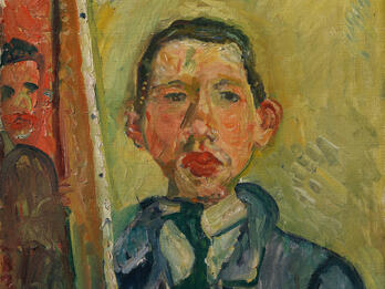Portrait painting of man facing viewer in tie and collar next to painting of himself.