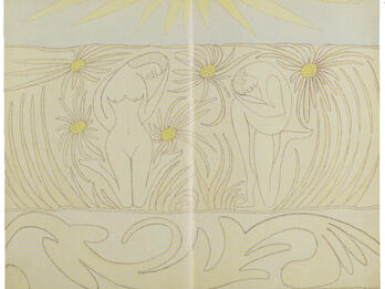 Drawing with line down center separating two nude figures among flowers.