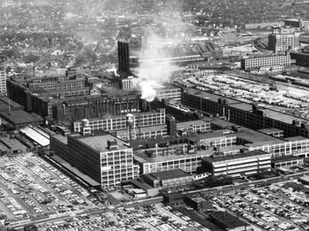 Aerial photograph of building complex.