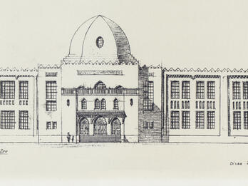 Illustration of long building façade.