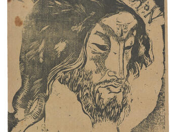 John the Baptist Linocut of man in profile with short beard, long hair, stern expression and downward gaze angled to his left.
