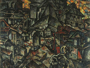 Angular painting of cityscapes with many buildings, empty streets, and goat in the foreground.