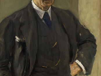 Full body portrait painting of man dressed in a suit with right hand in pocket and left hand on hip.