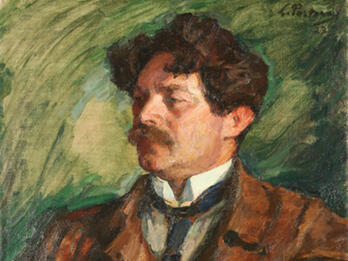 Portrait painting of man wearing a suit and gazing toward the right with one hand tucked under his coat lapel.