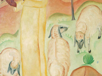 Painting of man playing flute to animals in desert. 