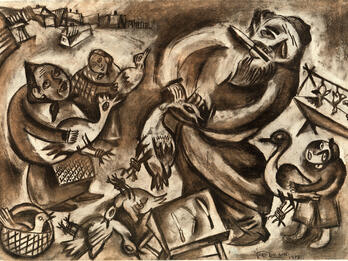 Drawing of two women, a man, and child grabbing birds next to table with knives and village in background.