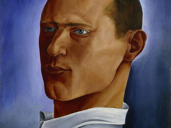 Portrait painting of a man dressed in a collared shirt looking to his right.