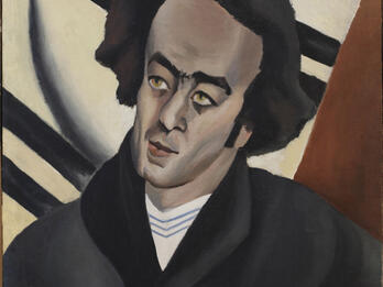 Portrait painting of man holding cigarette.
