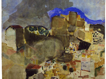 Watercolor of cityscape.