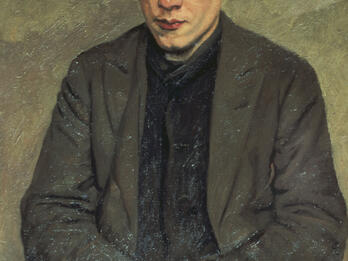 Portrait painting of man wearing glasses and suit jacket, gazing downward with his hands folded in lap.