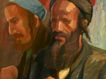 Painting of two bearded men in hats standing next to each other.