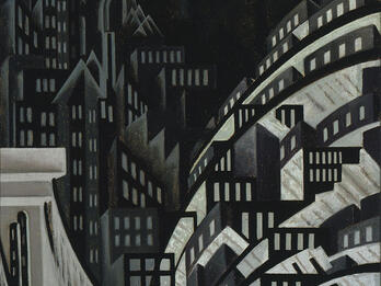 New York Lithograph of cityscape with skyscrapers and bridge.