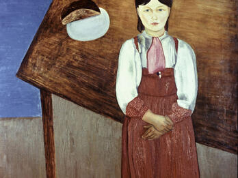 Aniska Painting of girl standing in front of slanted table with scrap of black bread.