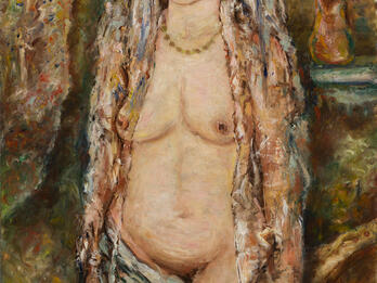 Painting of standing nude woman with long veil.