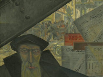 Painting of man in hat with stern expression on a busy city street next to a collage of newspapers.