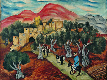 Painting of man riding donkey on tree-lined street toward a village with mountains in background.
