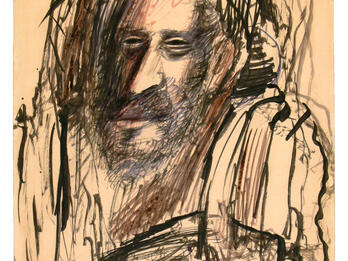 Sketch of man's face and hands.