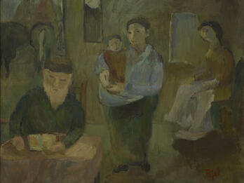 Family Reunion Painting of bearded man sitting at desk, woman standing holding baby behind him, and figure sitting to the side.