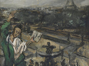 Painting of man with one arm raised in the air and the other holding a prayer book, with arms and head wrapped in phylacteries, and the Eiffel Tower in the distance.