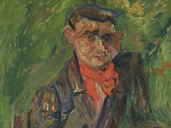 Portrait of Moïse Kisling Painting of man sitting at table wearing suit and bandana around neck.