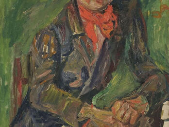 Painting of man sitting at table wearing suit and bandana around neck.