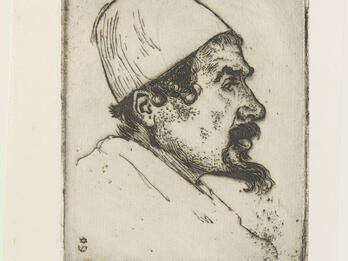 Etching of man with beard wearing a hat in profile.