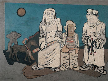Painting of three figures holding objects with horse, Egyptian sphinx and moon in background.