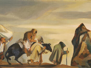 Painting of people walking through desert carrying bundles and another figure riding a horse. 