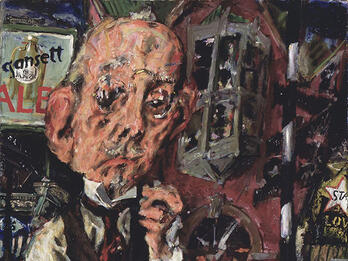 Painting of man with oversized head standing on brick sidewalk.