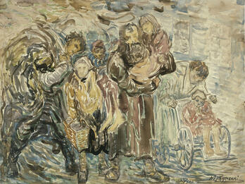 Painting of women, men, and children crowded together.
