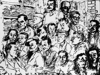 Figures in the Nisko Camp, Poland Line drawing of the faces of men and women close together in a cramped room.